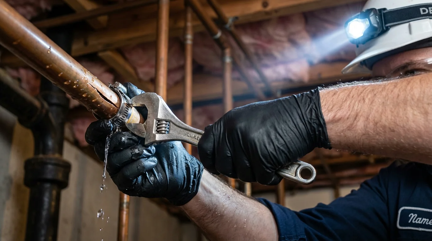 Emergency pipe clamp repair being performed by a Johns Plumbing LLC plumber in Bolivar