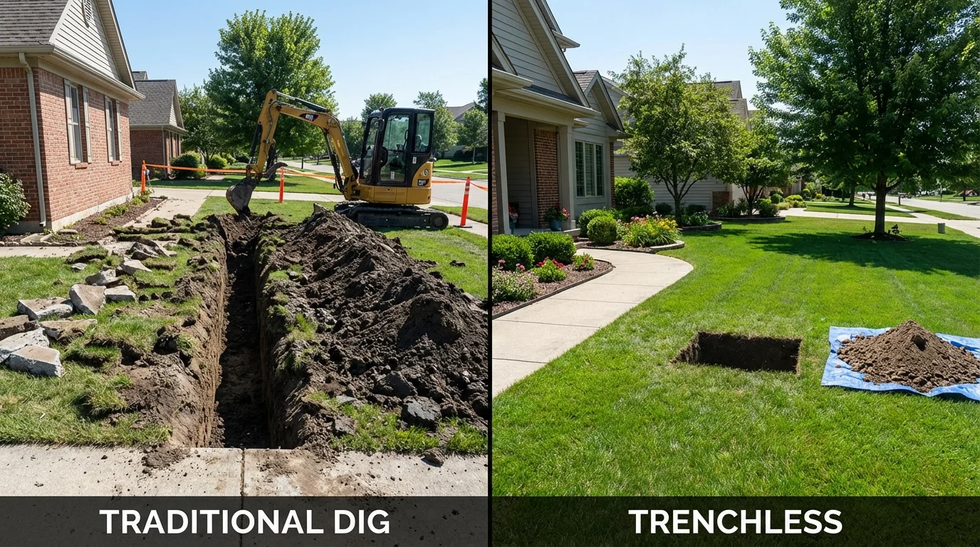 Trenchless sewer repair with minimal yard damage versus traditional excavation in Bolivar, MO