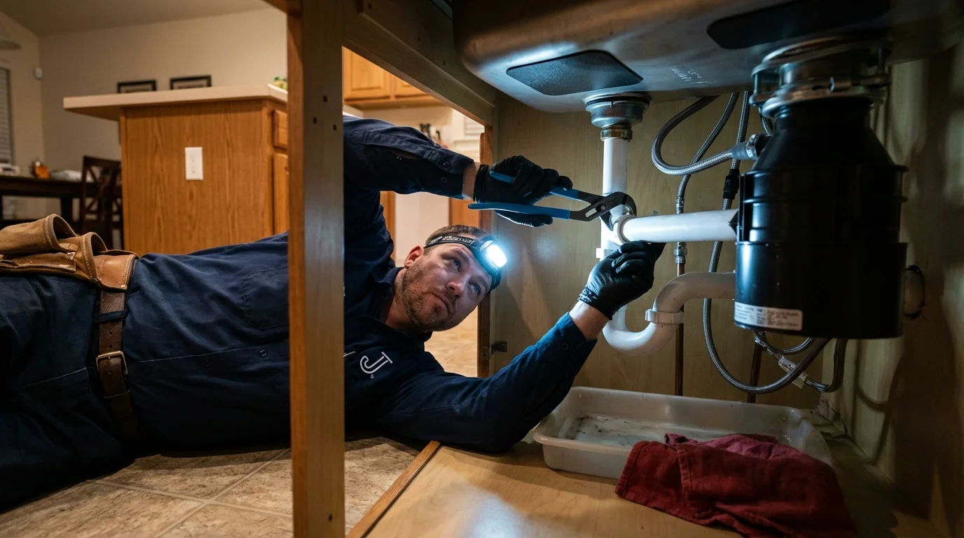 P-trap and supply line connections under a kitchen sink showing a common leak point in Bolivar, MO